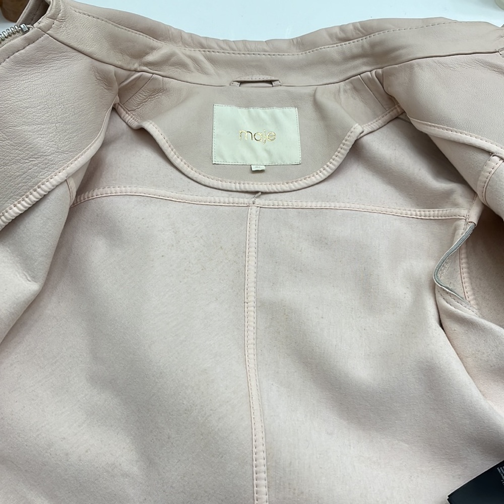 -Maje Light Rose Pale Pink Brittany Cropped Lamb Leather Jacket EU38 - Picture 9 of 11